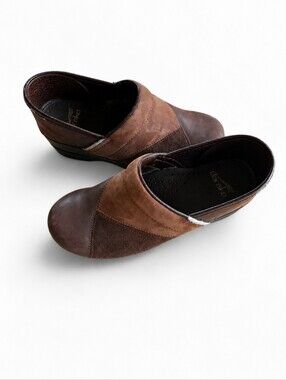 Dansko Two-Tone Brown Leather Suede Clogs